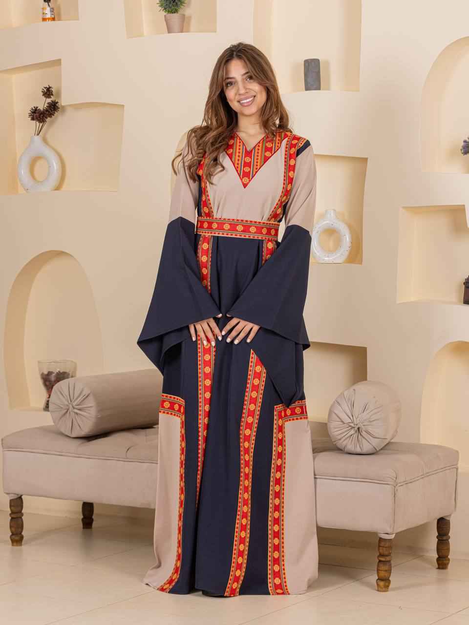 modern palestinian dress Hand-Embroidered Below Knee Simple Black Dress