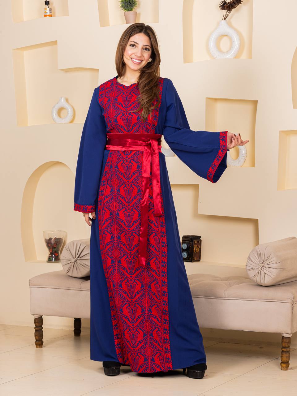 Heritage Elegance Embroidered Maxi Thobe with Satin Belt