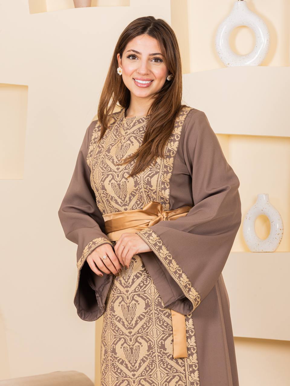 Heritage Elegance Embroidered Maxi Thobe with Satin Belt