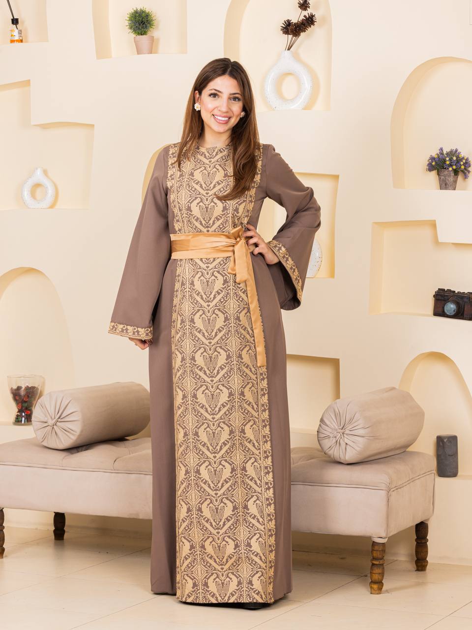 Heritage Elegance Embroidered Maxi Thobe with Satin Belt
