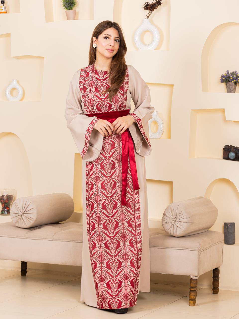 Heritage Elegance Embroidered Maxi Thobe with Satin Belt