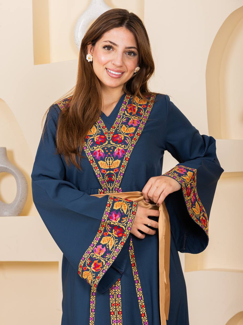 Embroidered Thobe with Satin Belt