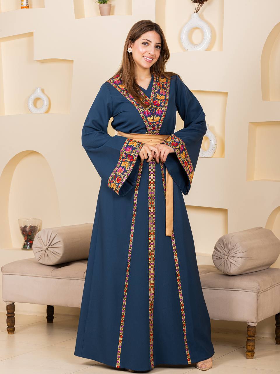Embroidered Thobe with Satin Belt