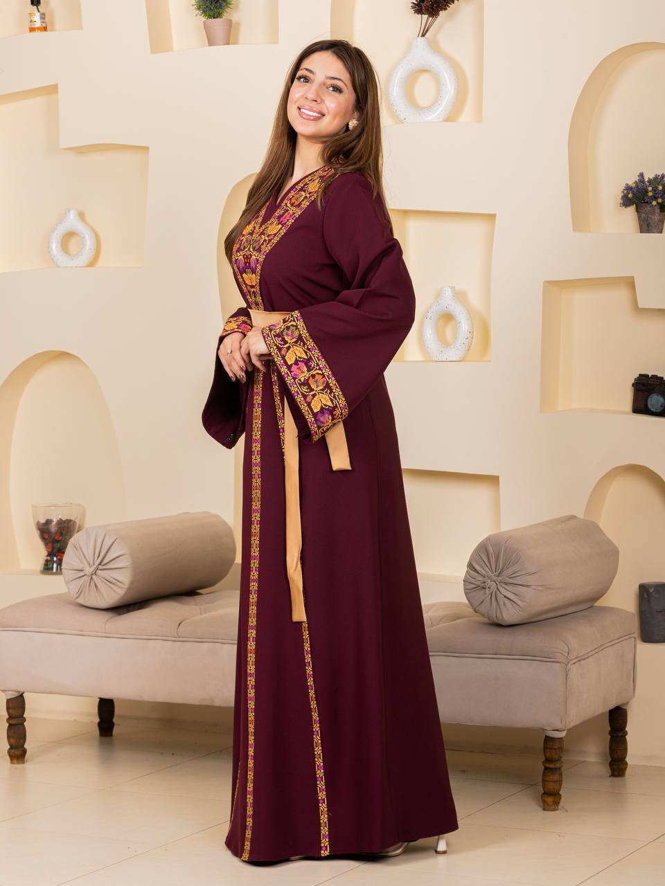 Embroidered Thobe with Satin Belt