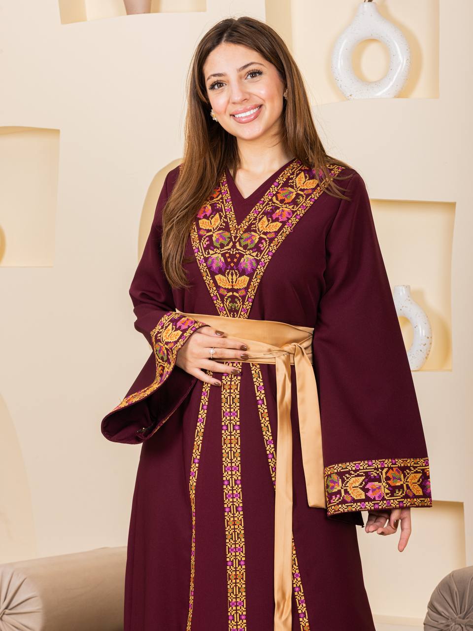 Embroidered Thobe with Satin Belt
