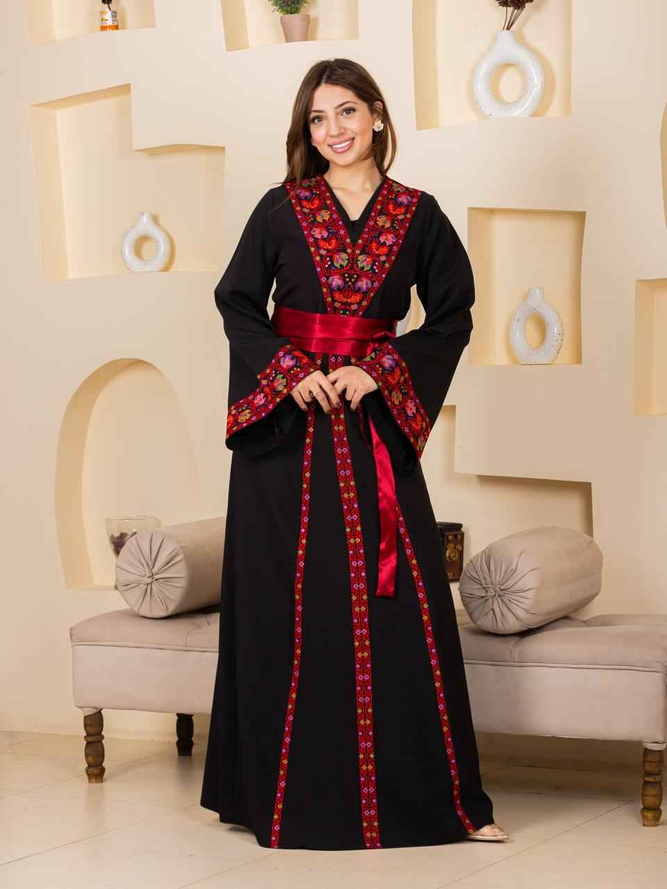 Embroidered Thobe with Satin Belt