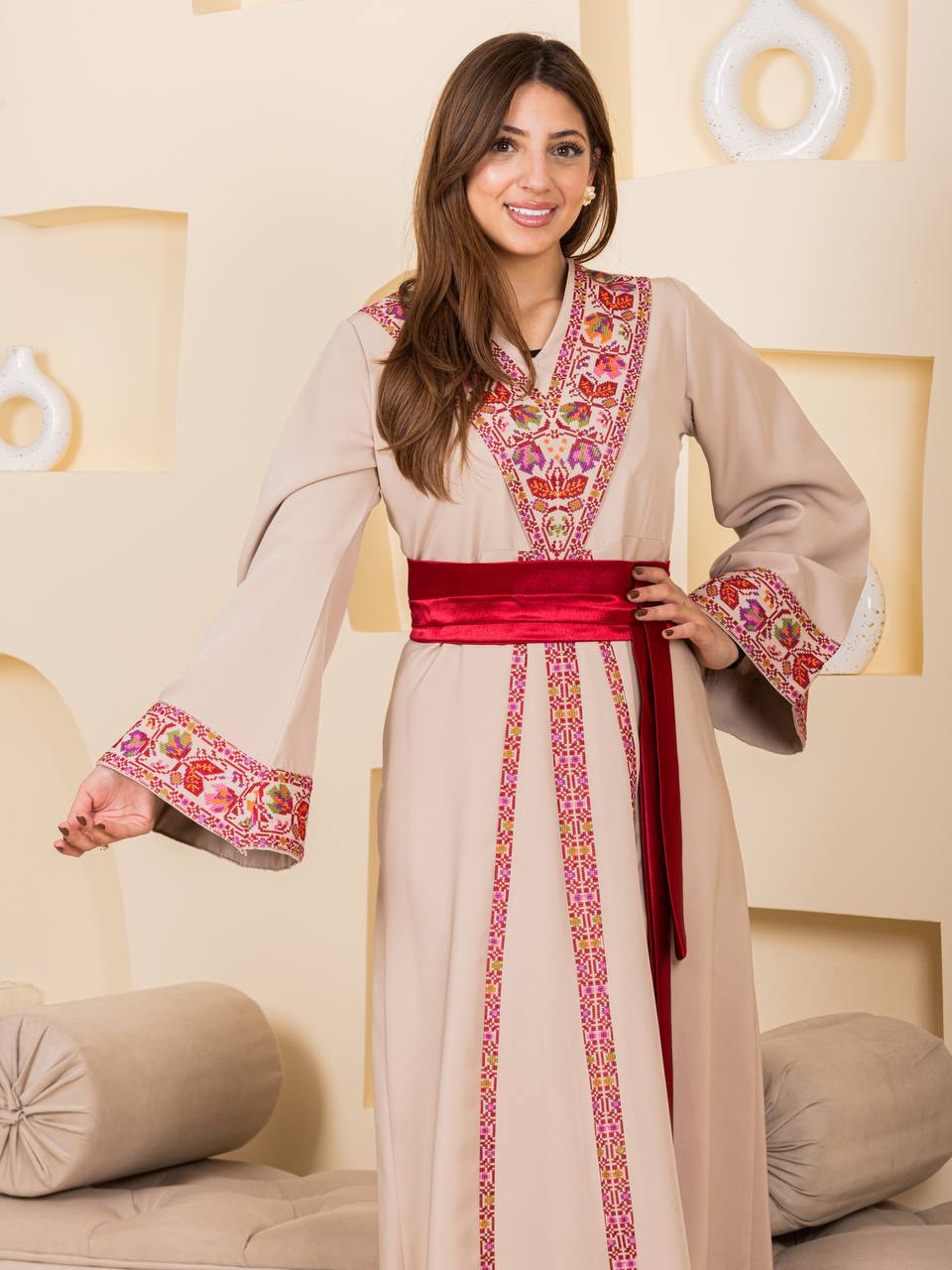 Embroidered Thobe with Satin Belt
