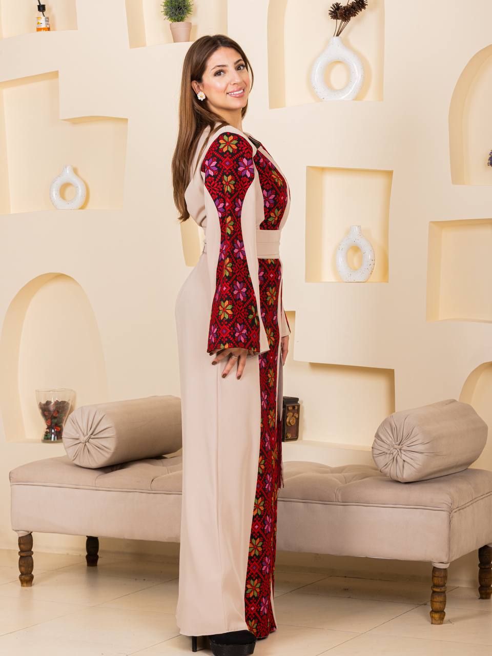 Modern Embroidered Thoub with Tasseled Belt