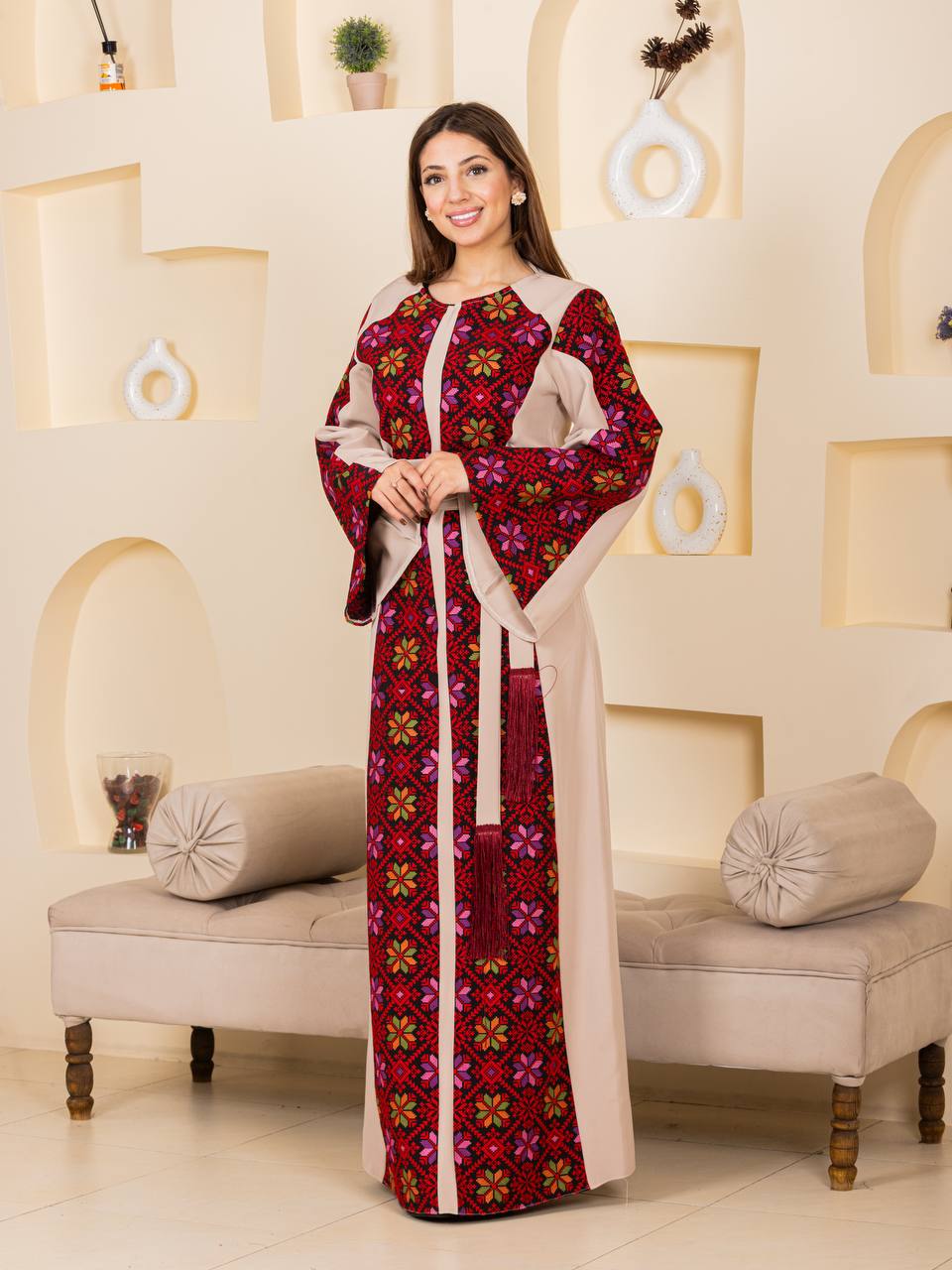 Modern Embroidered Thoub with Tasseled Belt
