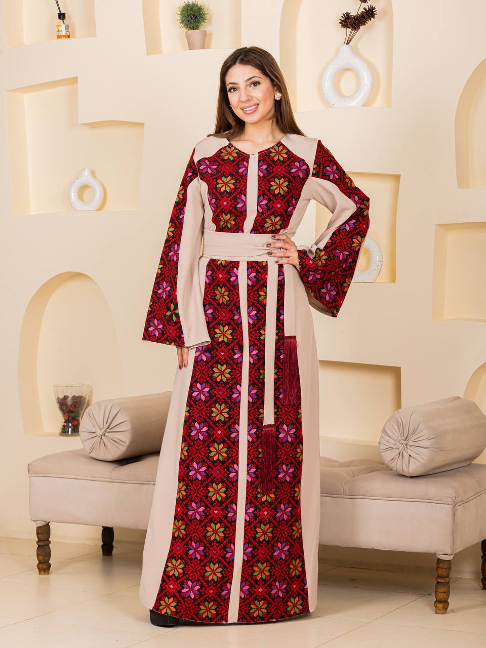 Modern Embroidered Thoub with Tasseled Belt