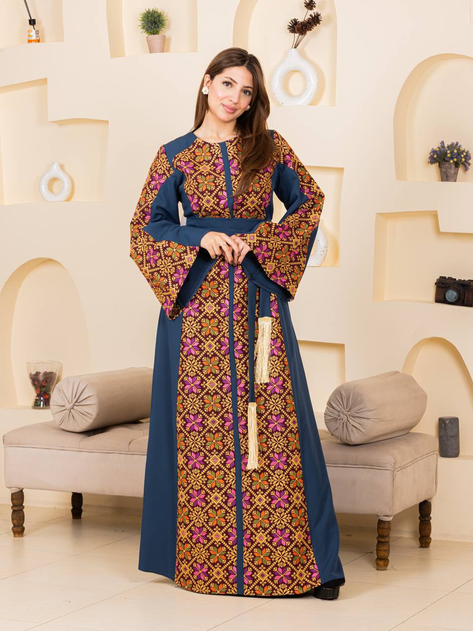 Modern Embroidered Thoub with Tasseled Belt