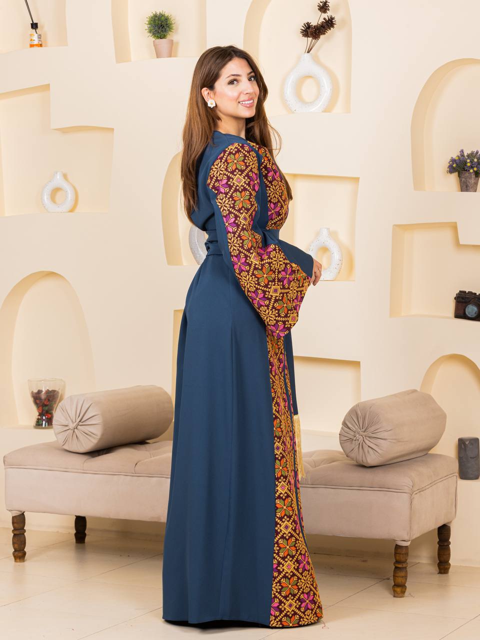 Modern Embroidered Thoub with Tasseled Belt