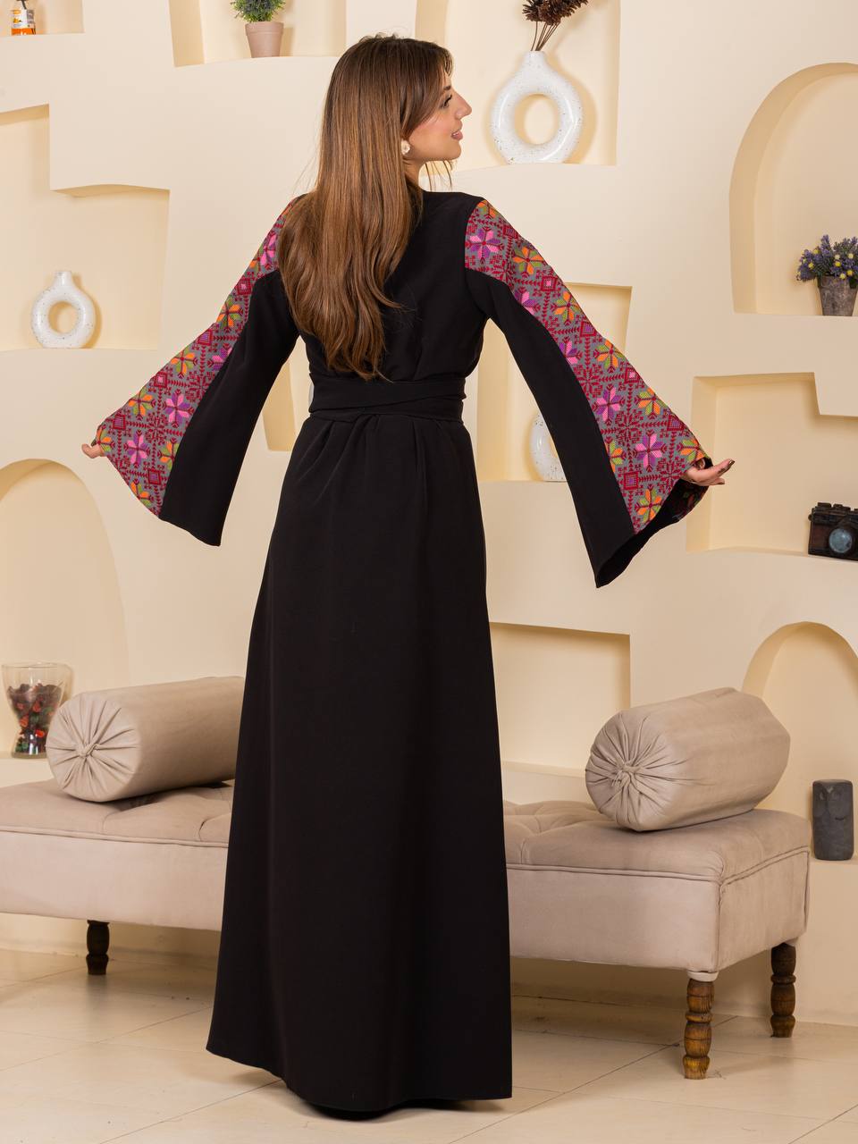 Modern Embroidered Thoub with Tasseled Belt