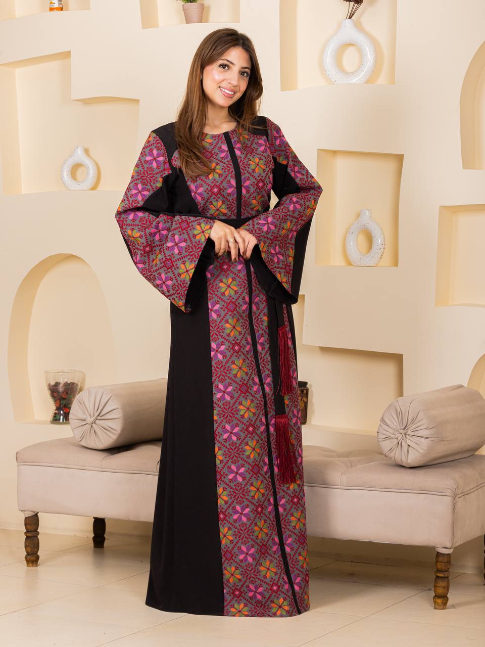 Modern Embroidered Thoub with Tasseled Belt