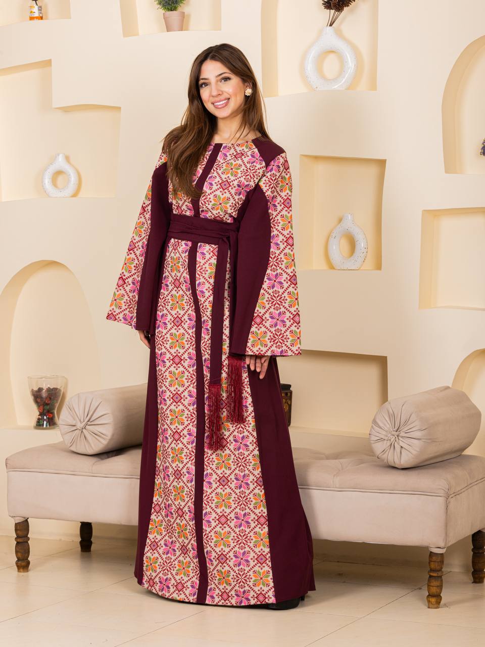 Modern Embroidered Thoub with Tasseled Belt