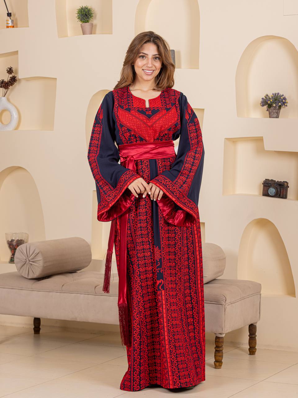 Traditional Palestinian Embroidered Thobe with Satin Belt & Matching Shawl