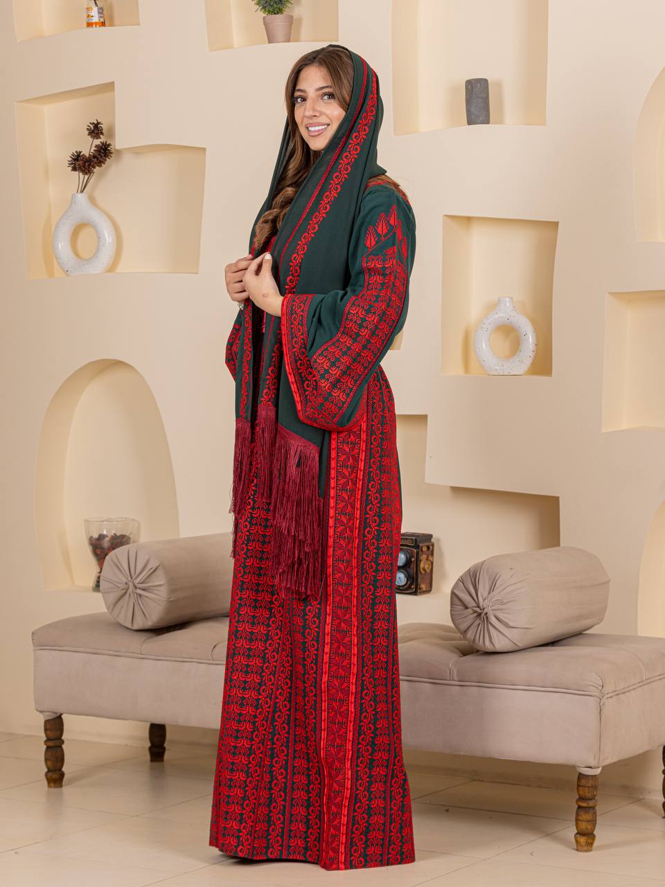 Traditional Palestinian Embroidered Thobe with Satin Belt & Matching Shawl