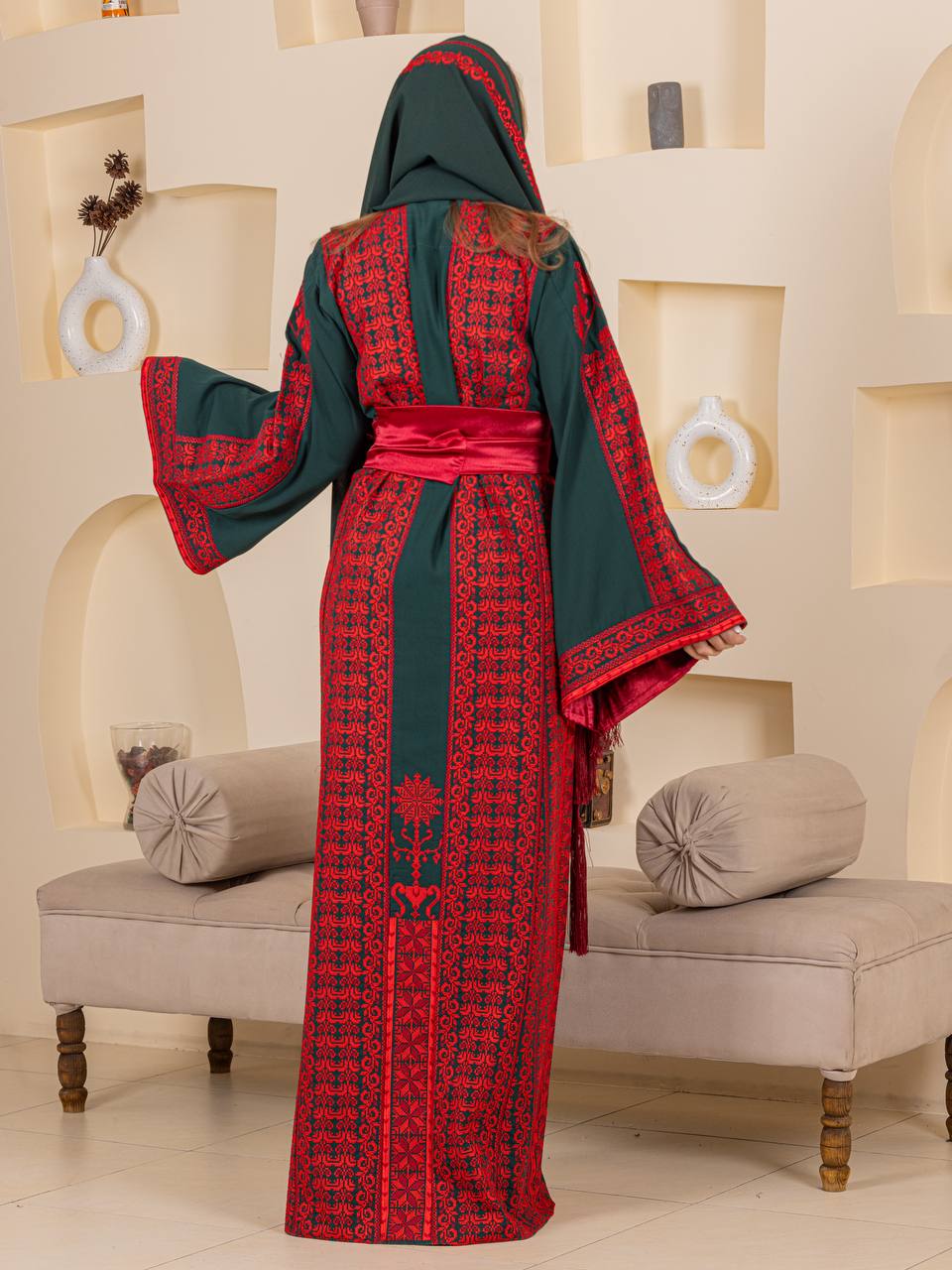 Traditional Palestinian Embroidered Thobe with Satin Belt & Matching Shawl