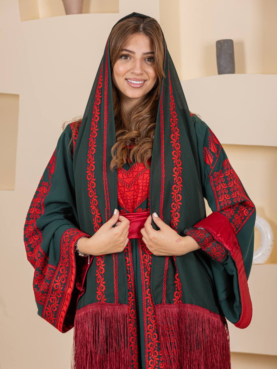 Traditional Palestinian Embroidered Thobe with Satin Belt & Matching Shawl