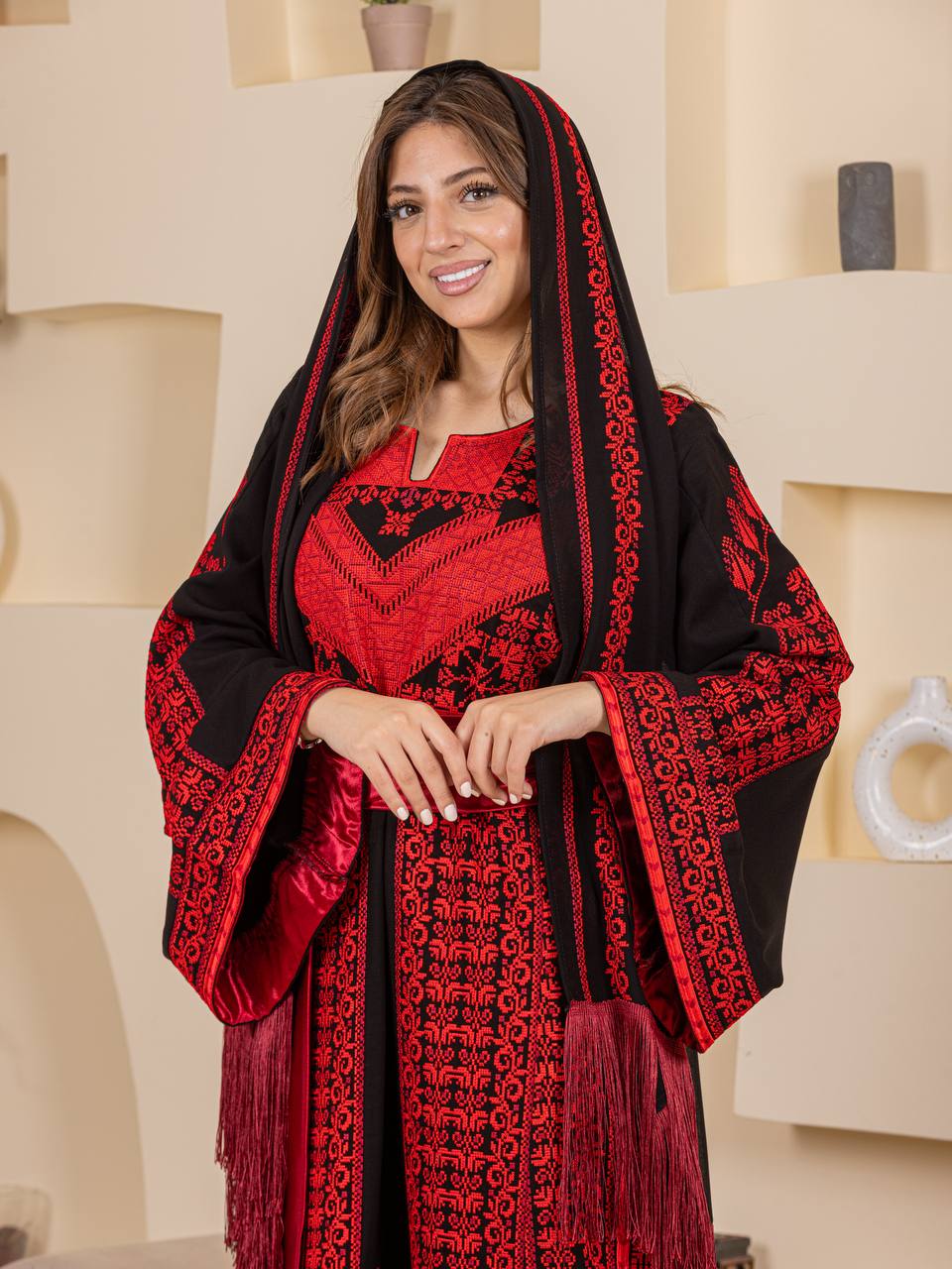 Traditional Palestinian Embroidered Thobe with Satin Belt & Matching Shawl