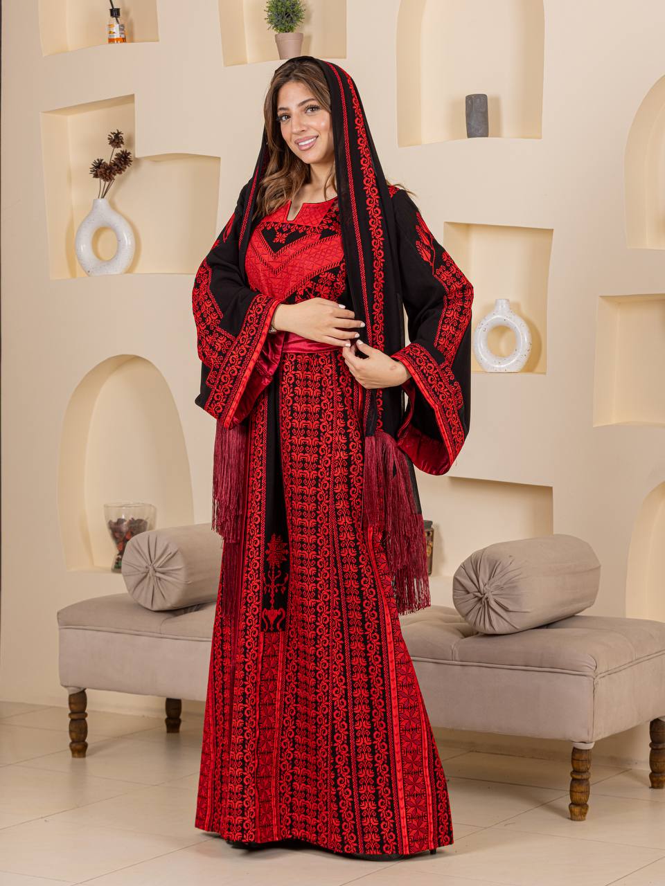 Traditional Palestinian Embroidered Thobe with Satin Belt & Matching Shawl