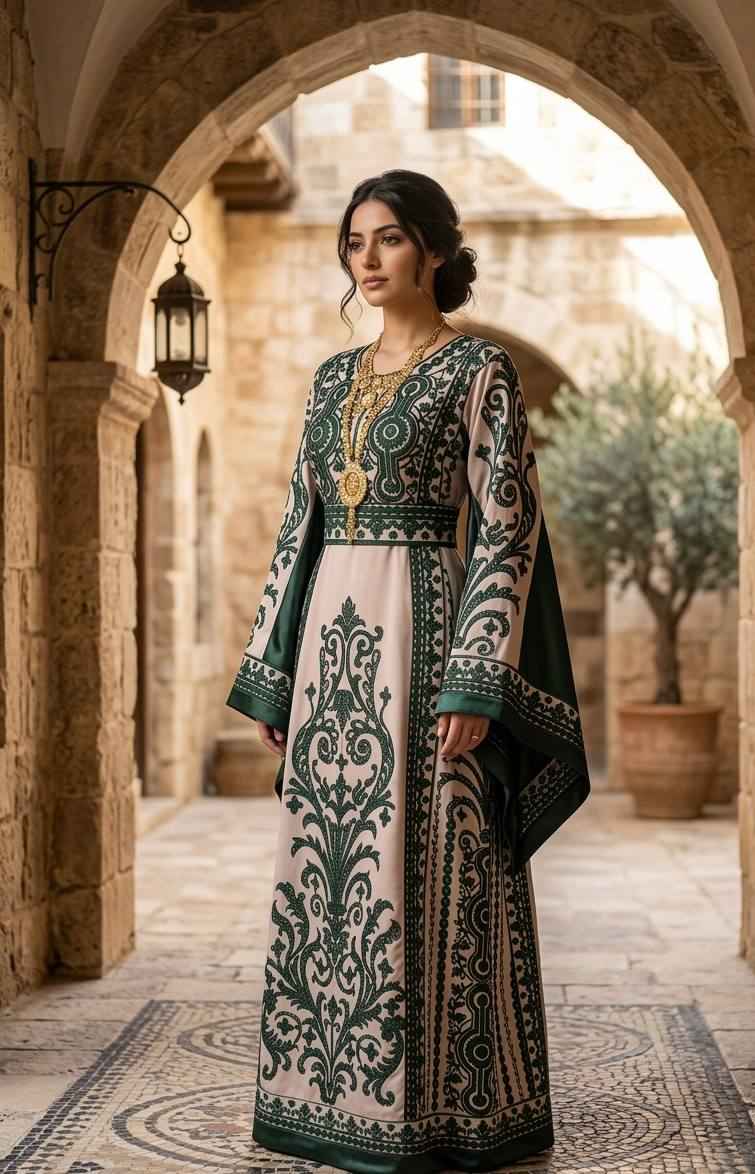 スーツ・フォーマル・ドレス Arobe  Flake Embroidery Tired Dress Thobe Emerald Noor - Palestinian Elegance