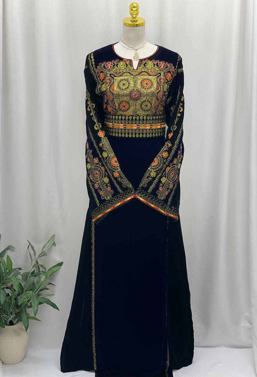 Navy & Emerald Queen Embroidered Velvet Thobe