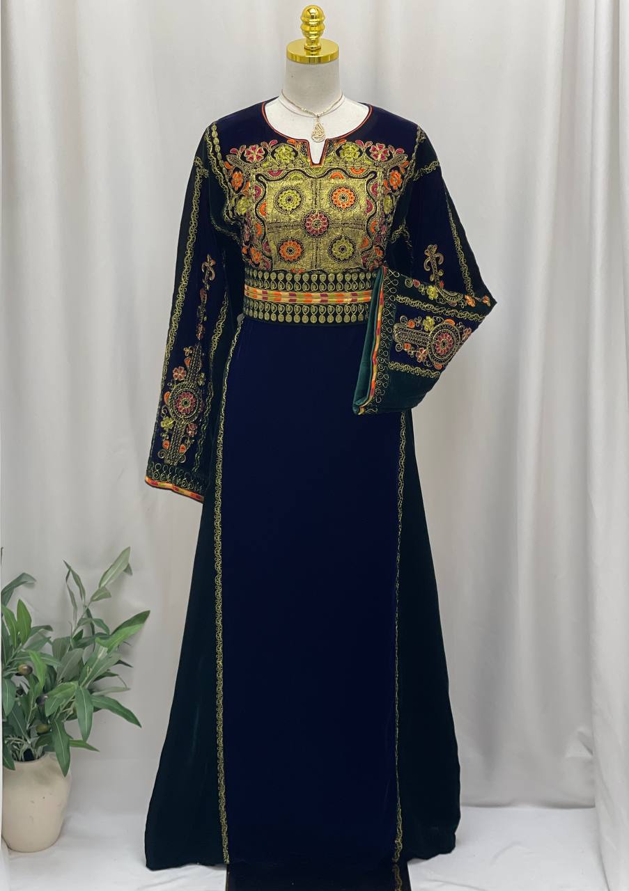 Navy & Emerald Queen Embroidered Velvet Thobe