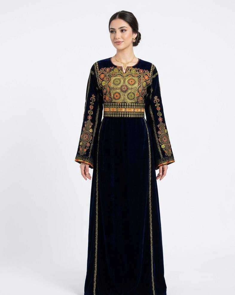 Navy & Emerald Queen Embroidered Velvet Thobe