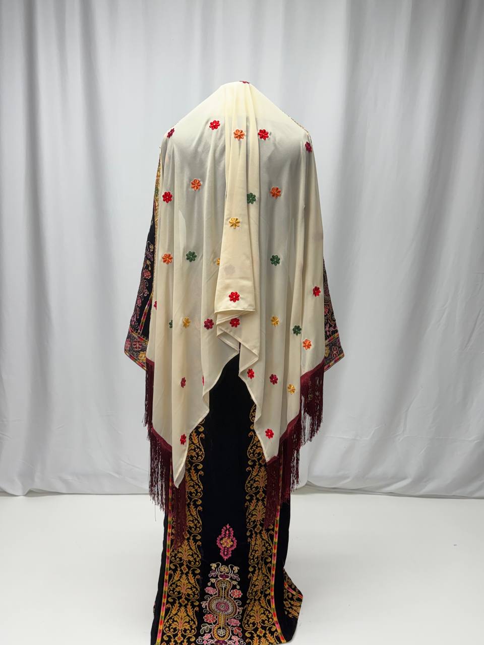 Imperial Blossom Fringe Shawl/Khirka - Palestinian Elegance
