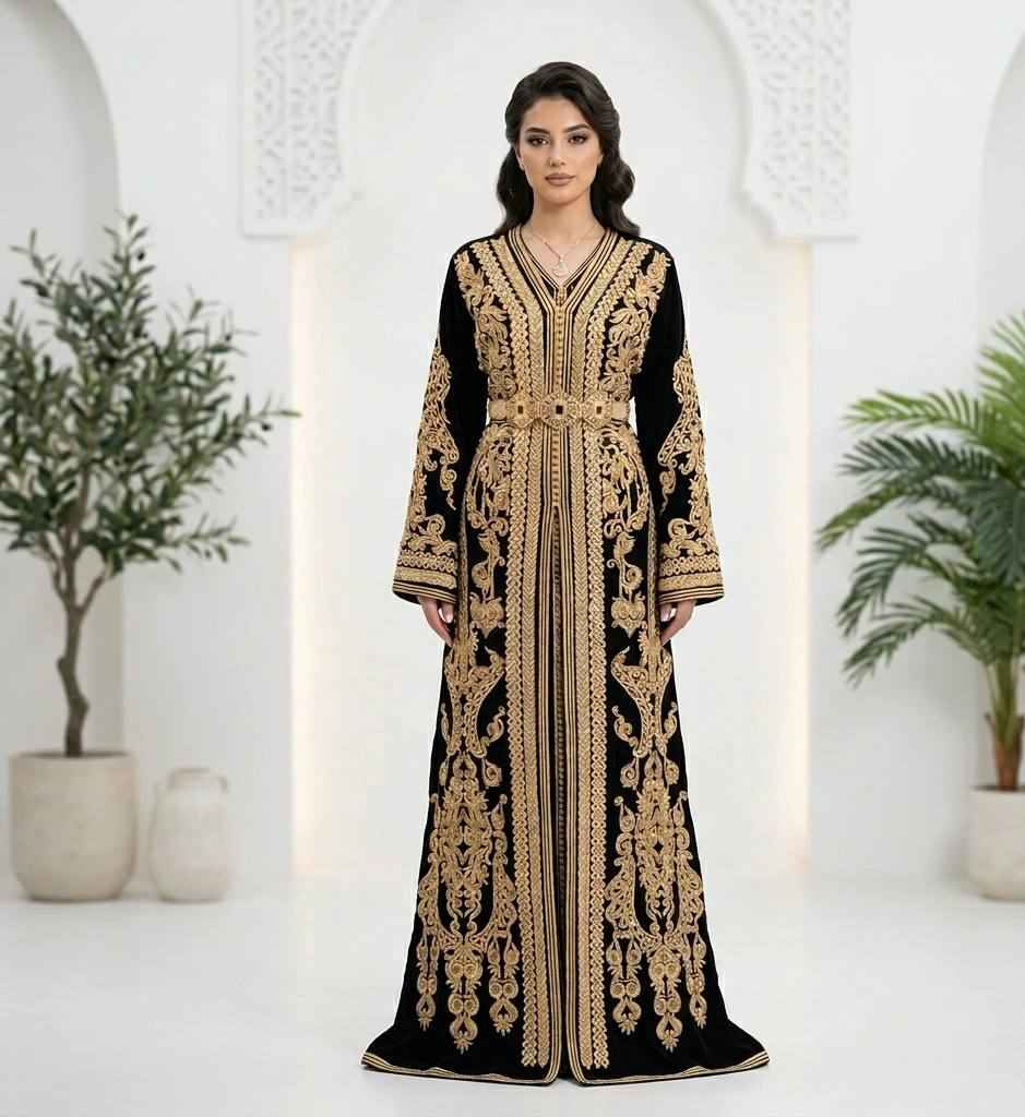 Black And Gold Kaftan Black Gold Moroccan Kaftan Luxury Heavy Embroidered Dubai Wedding Evening Dress For Black And Gold Kaftan Black Gold Moroccan Kaftan Luxury Heavy Embroidered Dubai Wedding Evening Dress For