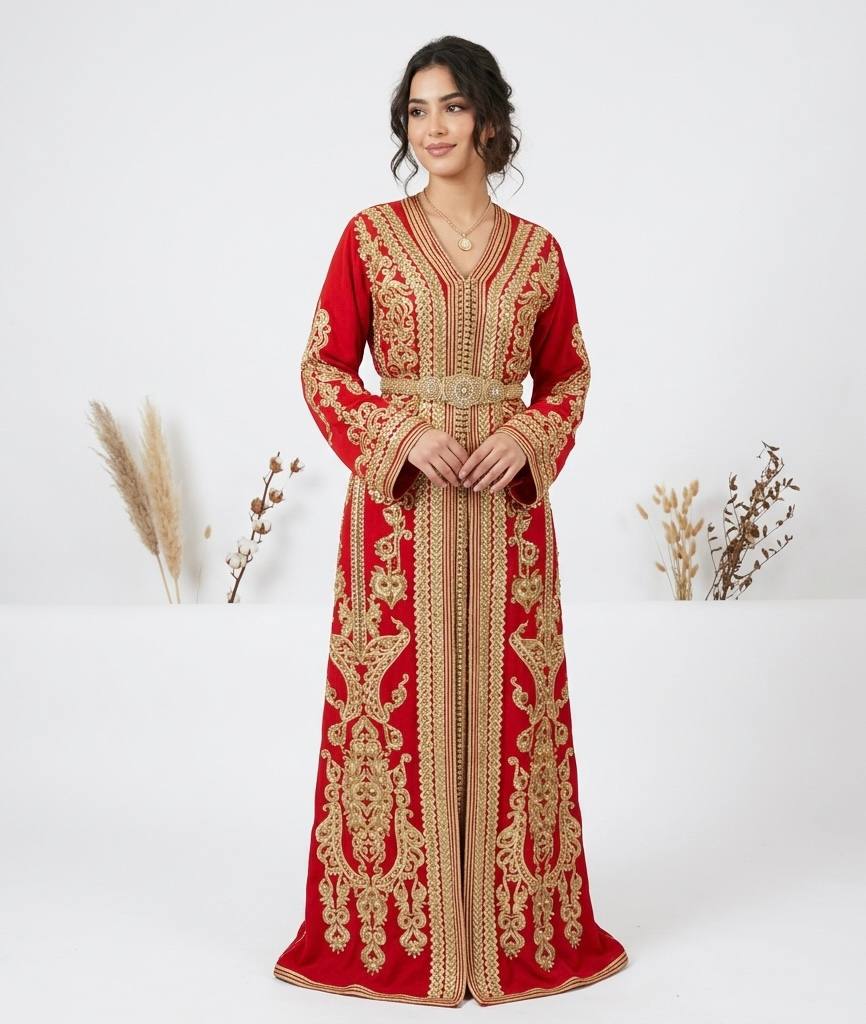 Elegant Hand-Embroidered Moroccan Caftan in Rich Red
