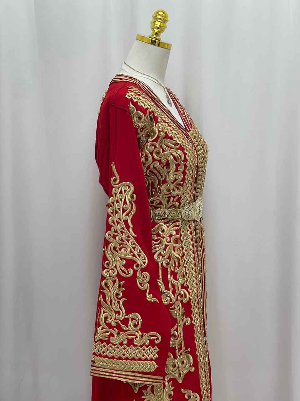 Elegant Hand-Embroidered Moroccan Caftan in Rich Red