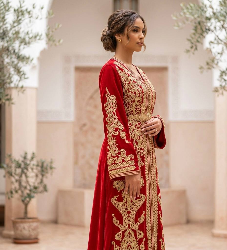 Elegant Hand-Embroidered Moroccan Caftan in Rich Red