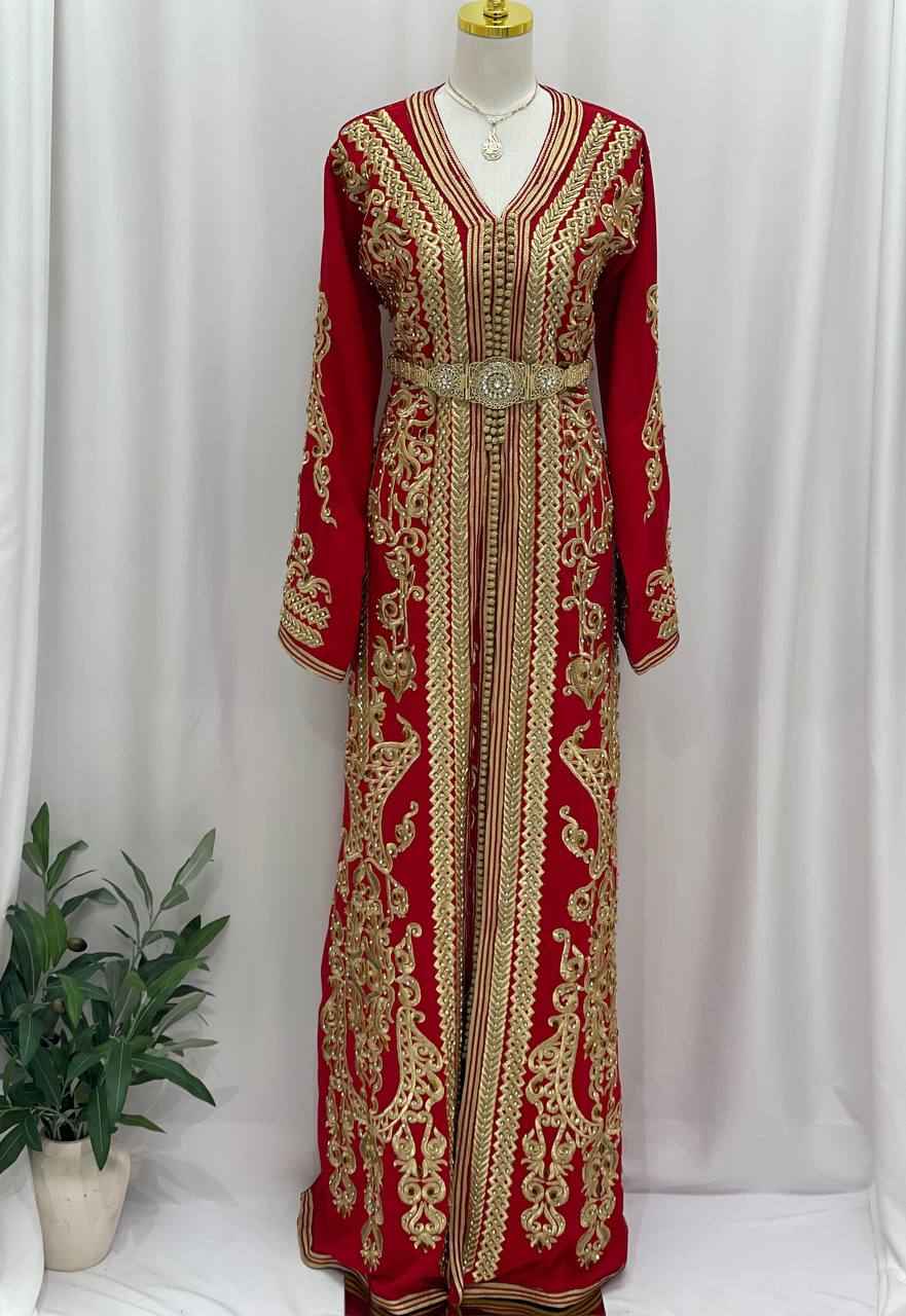 Elegant Hand-Embroidered Moroccan Caftan in Rich Red