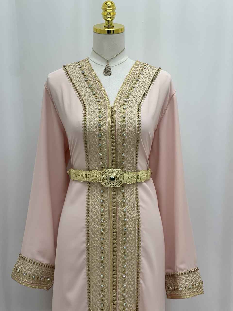 Blossom Pink Moroccan Kaftan with Ornate Gold Embroidery