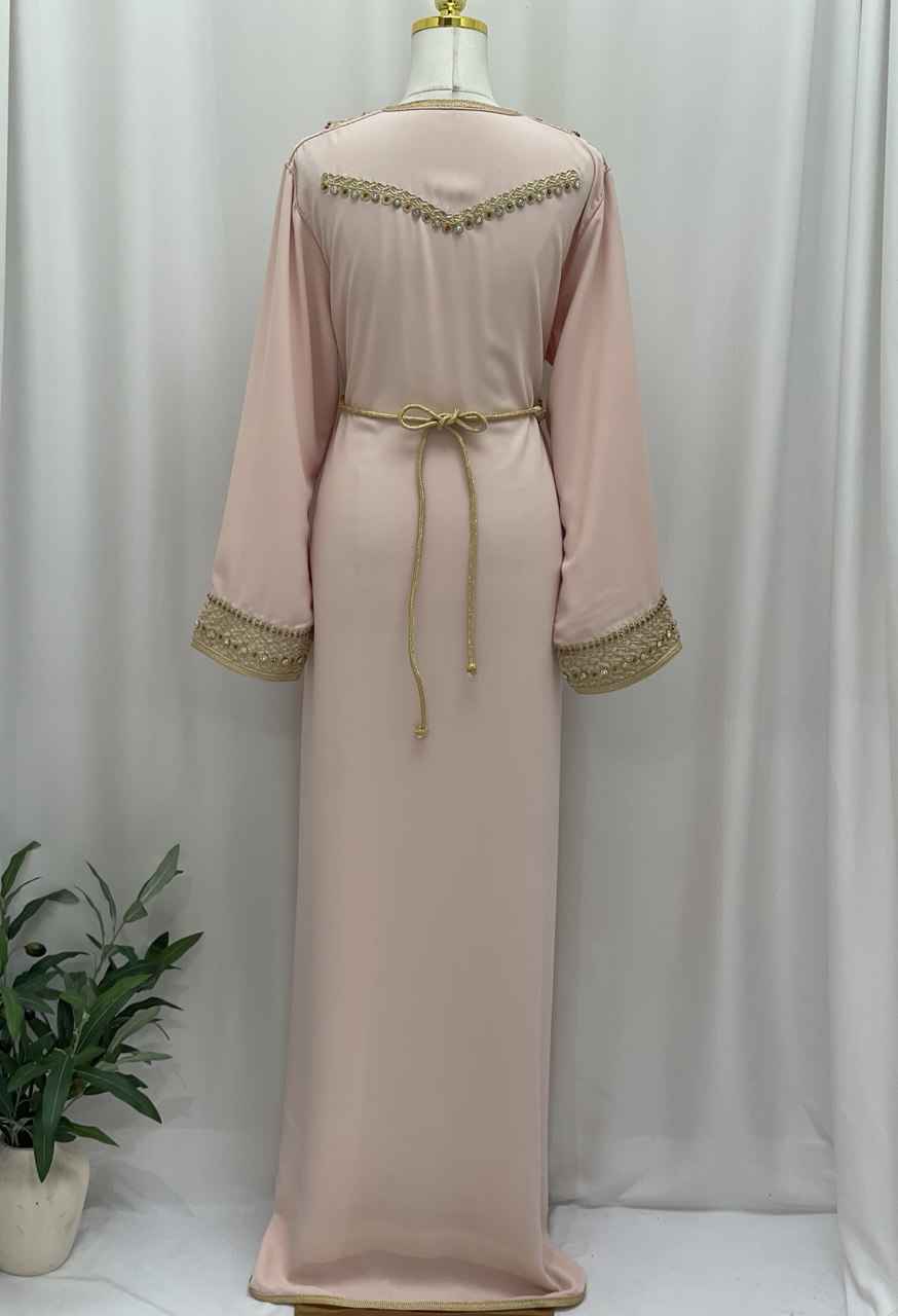 Blossom Pink Moroccan Kaftan with Ornate Gold Embroidery
