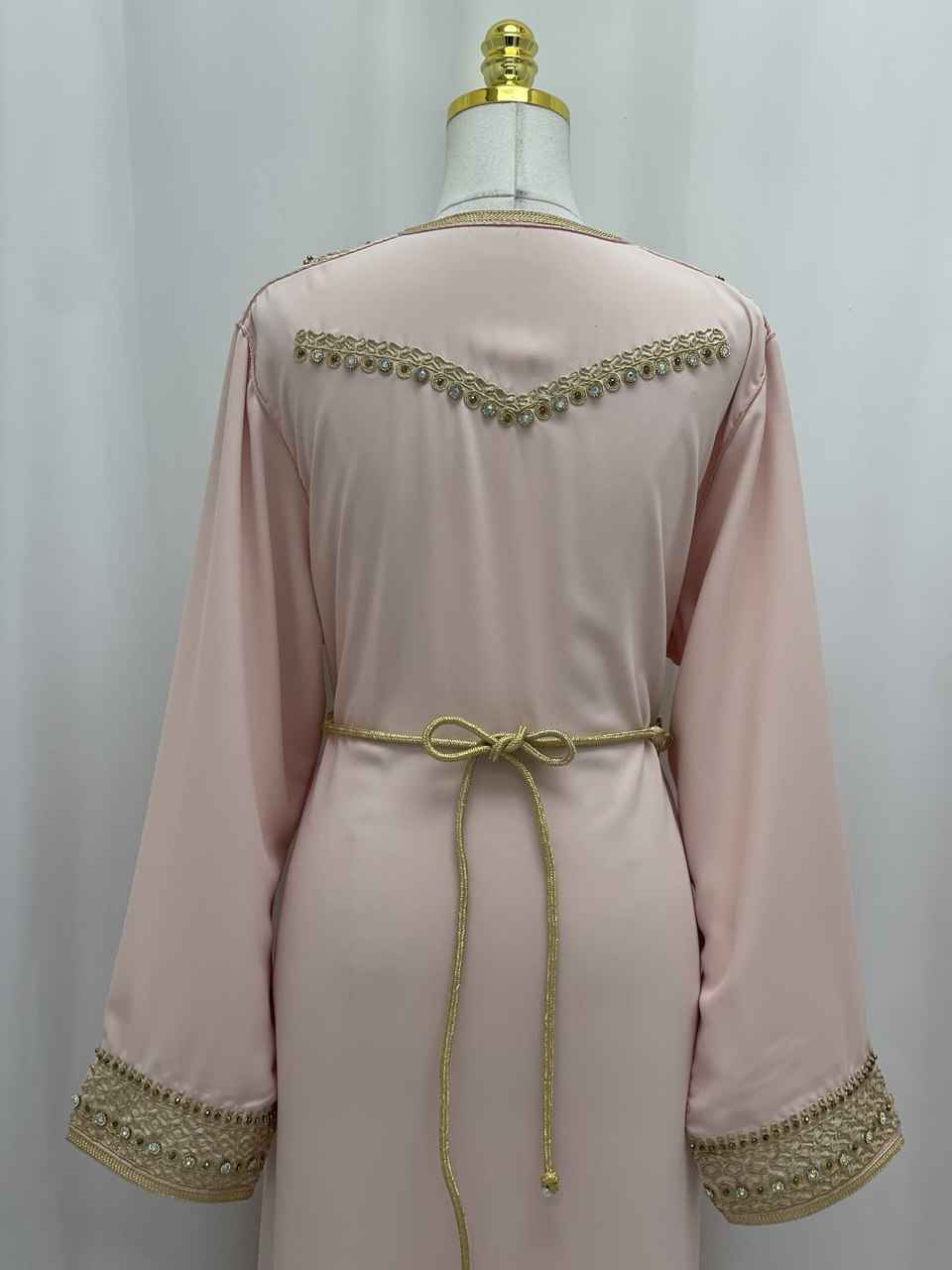 Blossom Pink Moroccan Kaftan with Ornate Gold Embroidery