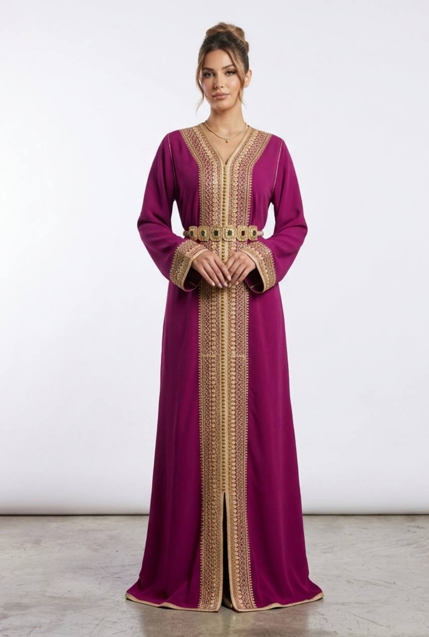 Royal Fuchsia Hand-Embroidered Moroccan Kaftan
