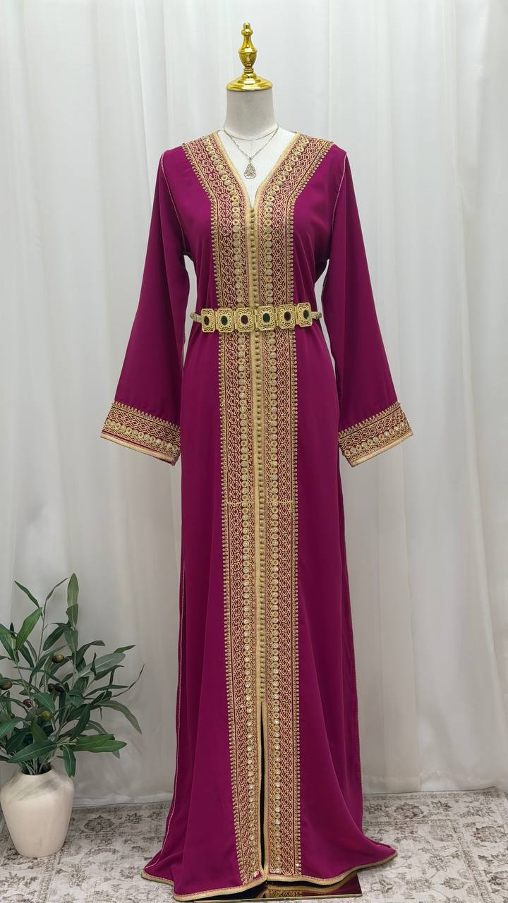 Royal Fuchsia Hand-Embroidered Moroccan Kaftan