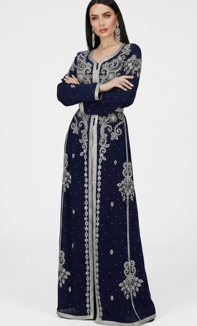 Navy Elegance Hand-Beaded Kaftan