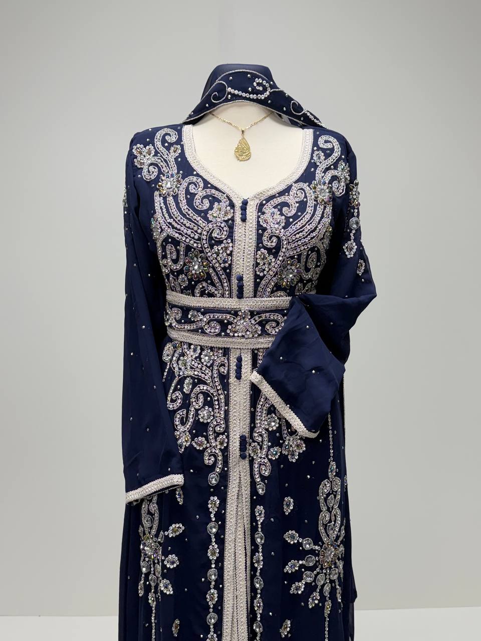 Navy Elegance Hand-Beaded Kaftan