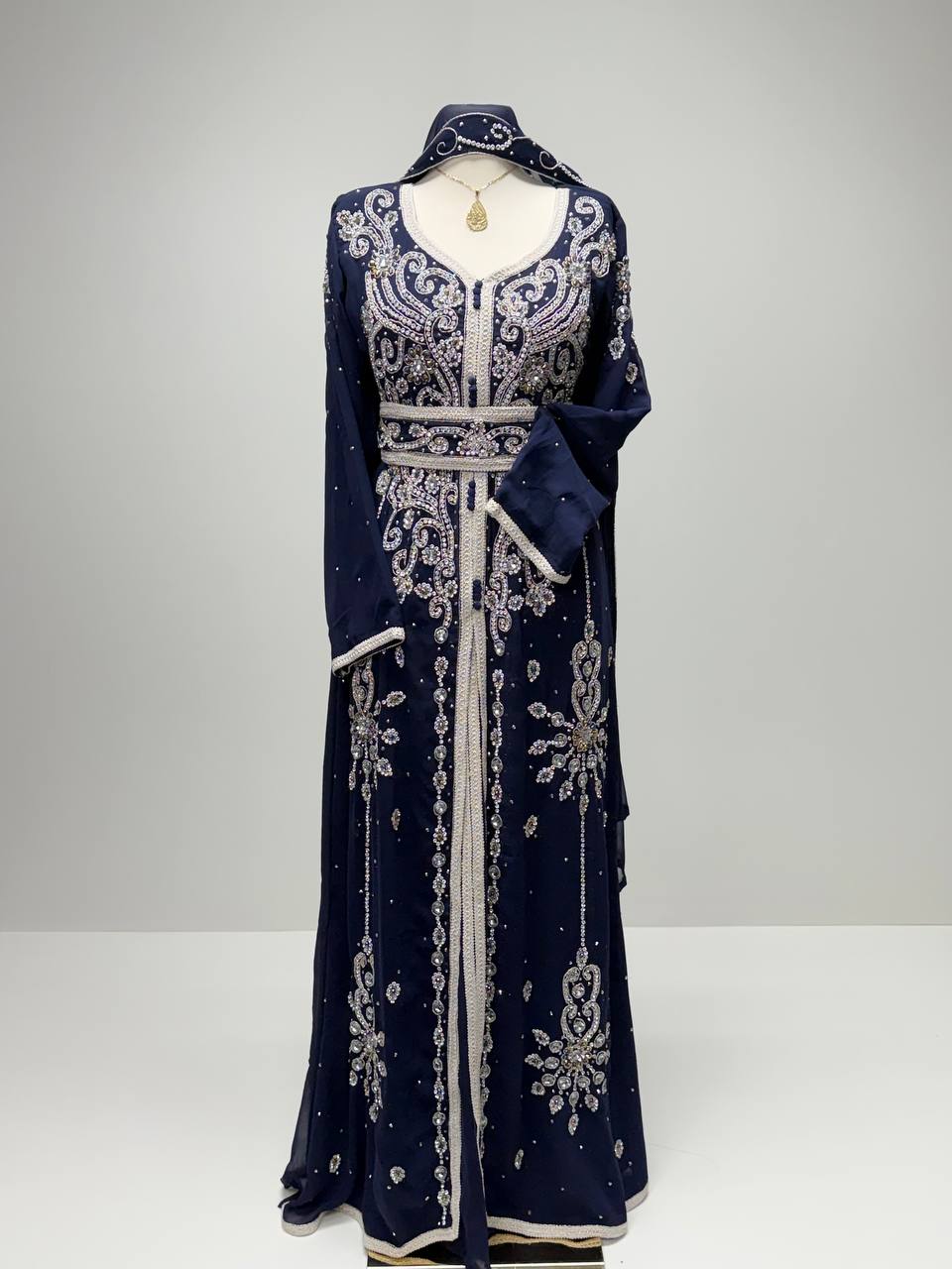 Navy Elegance Hand-Beaded Kaftan