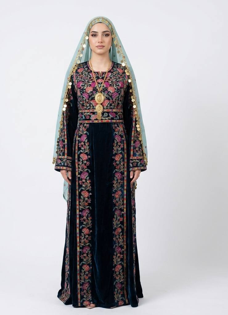 Razan Petrol Velvet Heritage Thobe