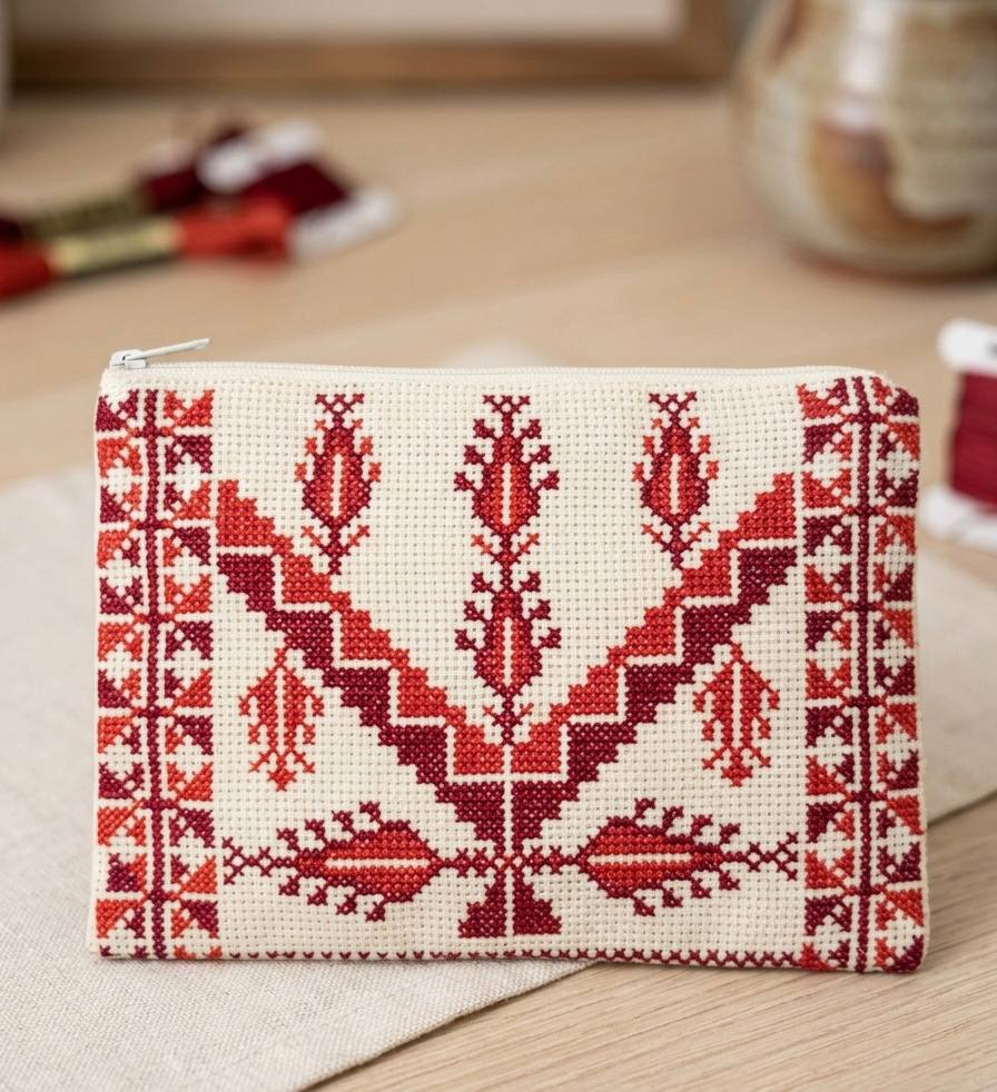 Hand-Embroidered Palestinian Heritage Zipper Pouch