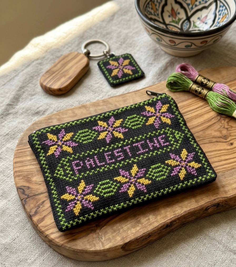 Hand-Embroidered Palestinian Heritage Zipper Pouch