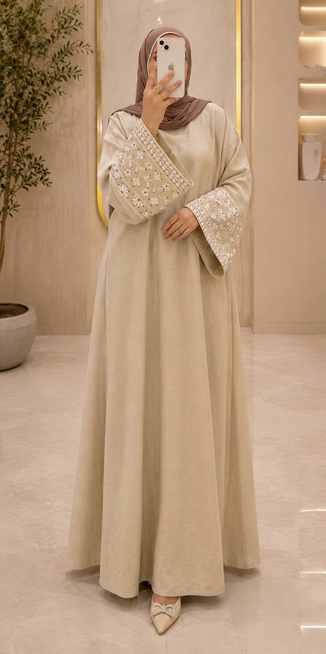 Linen Floral Cuff Abaya