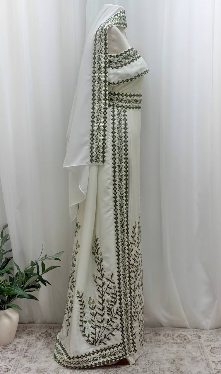 Olive Bride – Palestinian Embroidered Thobe & Skirt Set