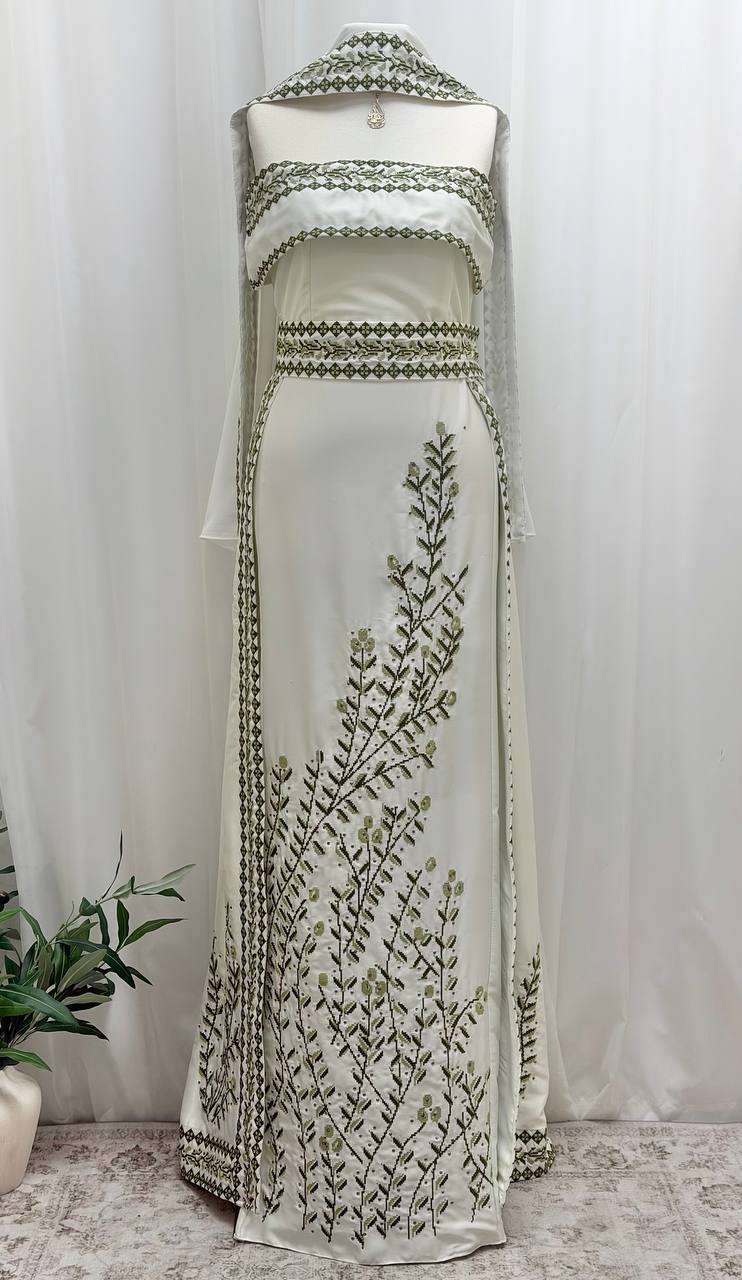 Olive Bride – Palestinian Embroidered Thobe & Skirt Set