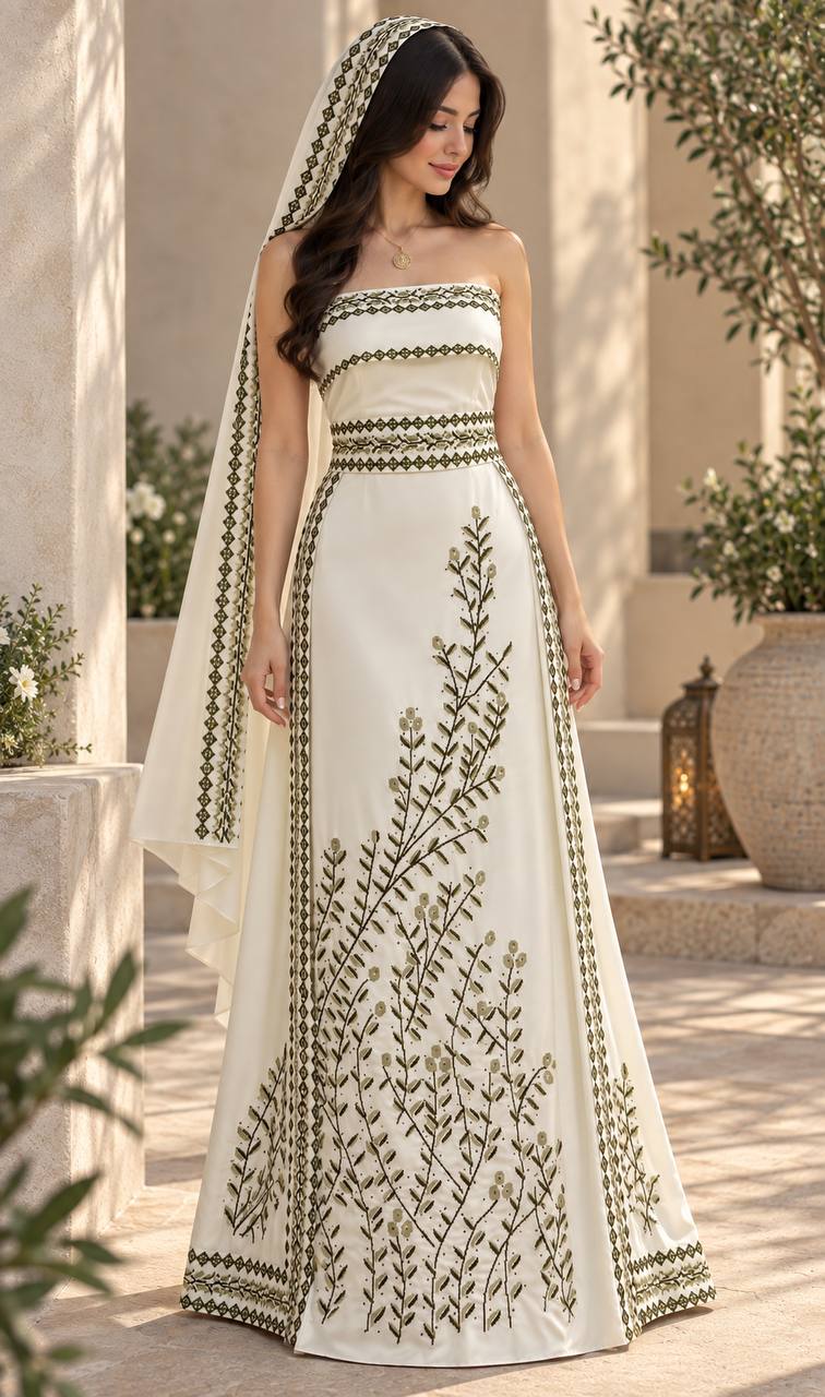 Olive Bride – Palestinian Embroidered Thobe & Skirt Set